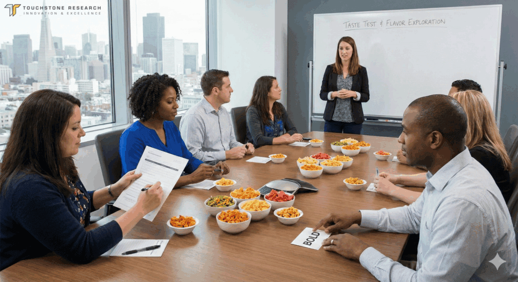 Qualitative research moderator conducting a CPG taste test study with adult consumers.