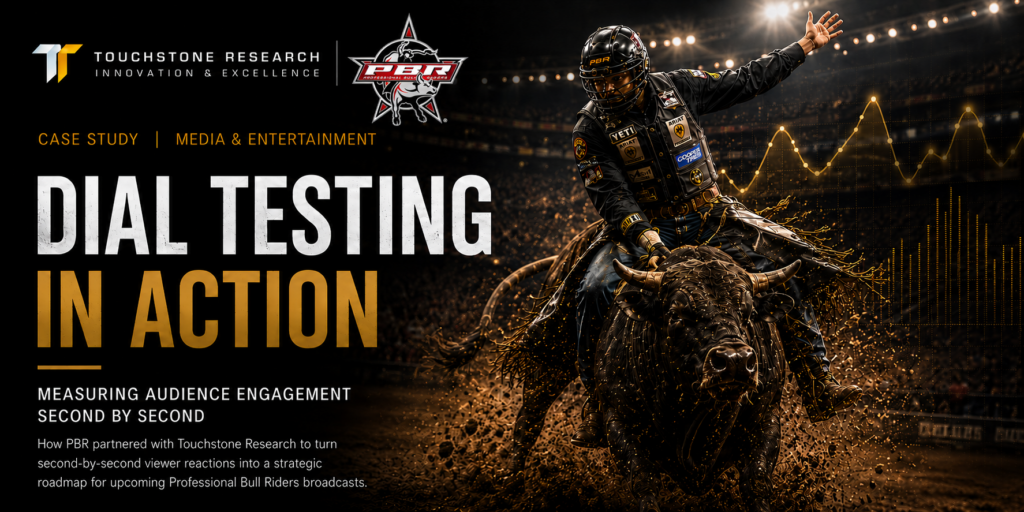 Touchstone Research and PBR co-branded case study banner. Headline: Dial Testing in Action, Measuring Audience Engagement Second by Second. A PBR bull rider competes during an event, with a stylized real-time engagement curve overlaid.