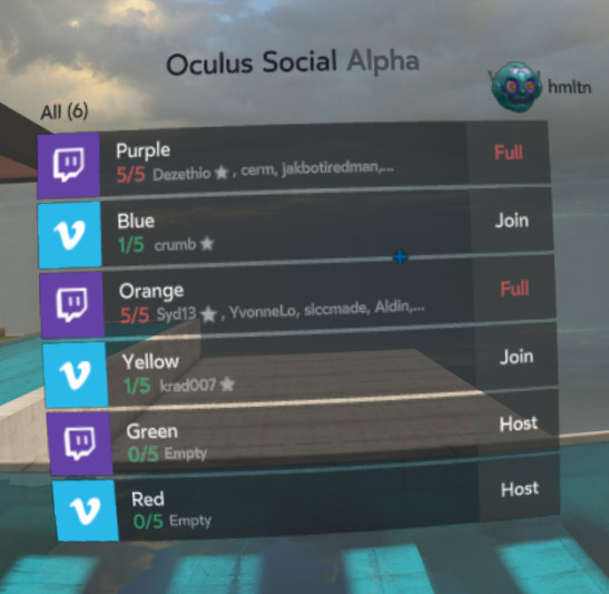 Oculus Social Alpha Room Selection